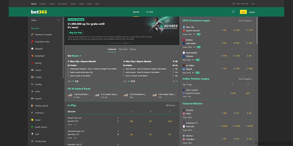 Bet365 Sportsbook website screenshot