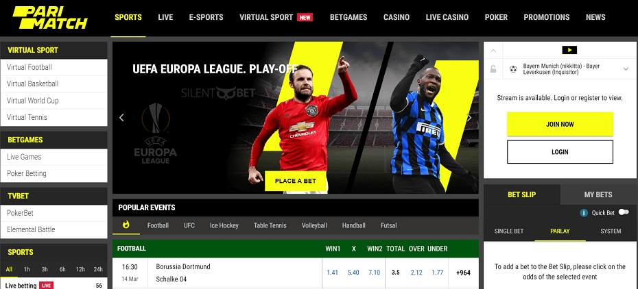 Parimatch Sportbook website screenshot